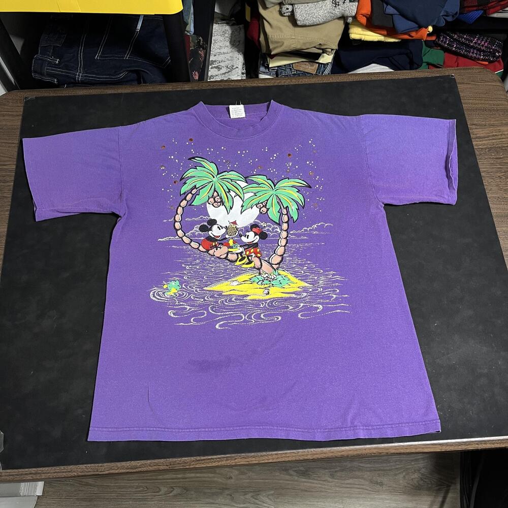 Vintage Disney Store Mickey Minnie Tropical Shirt Mens XL Purple Beach 90s USA